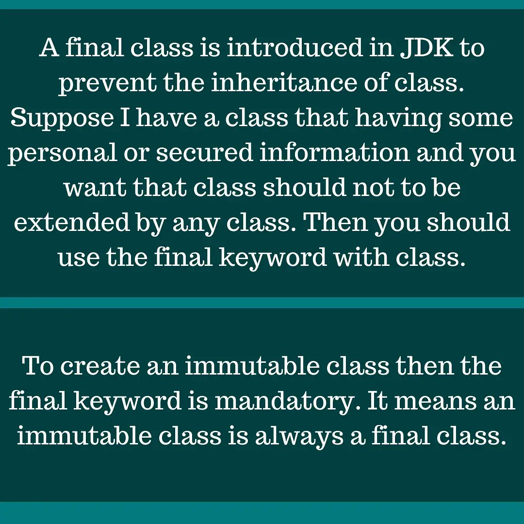 GoalJava's tweet image. Want to read it in detail then click on link:javagoal.com/final-class-in…
#javadeveloper
#android
#javacode
#codinglife
#Coding
#devcommunity
#CodeNewbie
#CodeNewbies
#WomenWhoCode