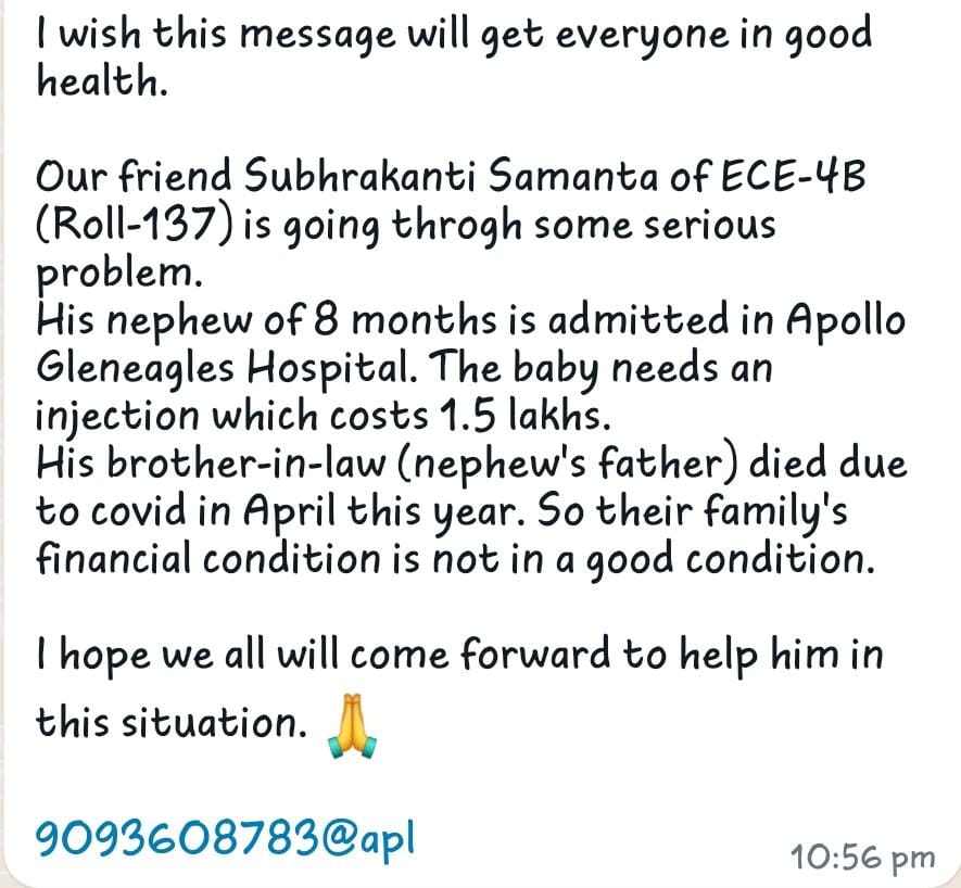 Spandan2304's tweet photo. Please help this person if possible........ This guy is on Narula Institute of Technology ECE 4th year lateral entry Roll  137........please help him..... 🥺🥺🥺🥺🥺🥺🥺🥺 https://t.co/VYJOPKlgeY