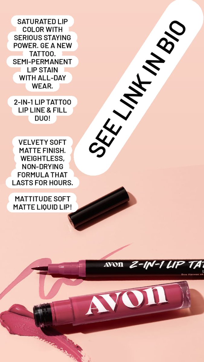 BGsbeautycare's tweet photo. Semi-permanent lipΒ stain.
2-in-1 Lip Tattoo Lip Line & Fill Duo!
Weightless, non-drying formula that lasts for hours.
Mattitude Soft Matte Liquid Lip!
https://t.co/iv311YeKCE
#avonΒ #twoinone #liptattoo #lipline #fillduo #mattitude #softmatte #liquidlip
#brigittesbeautycare https://t.co/atZn2Iis5B