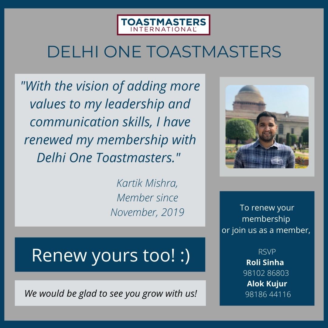 One of the members who has been always there when needed and goes out of the way for the club. Delhi One Toastmasters is grateful to have you Kartik Mishra. 2 years to be completed soon. :)