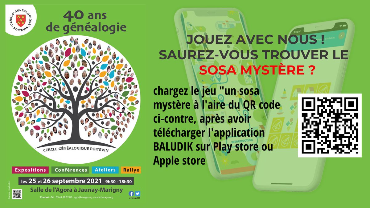 J-6 Le CGP fête ses 40 ans !
25 &amp; 26 septembre salle Agora à Jaunay-Marigny. 
Etes vous prêts pour jouer avec nous ! Amusez vous à découvrir le "sosa mystère"... à vos smartphones ! 
Jeu gratuit, nécessite uniquement de télécharger l'application <a href="/Baludik/">Baludik</a>