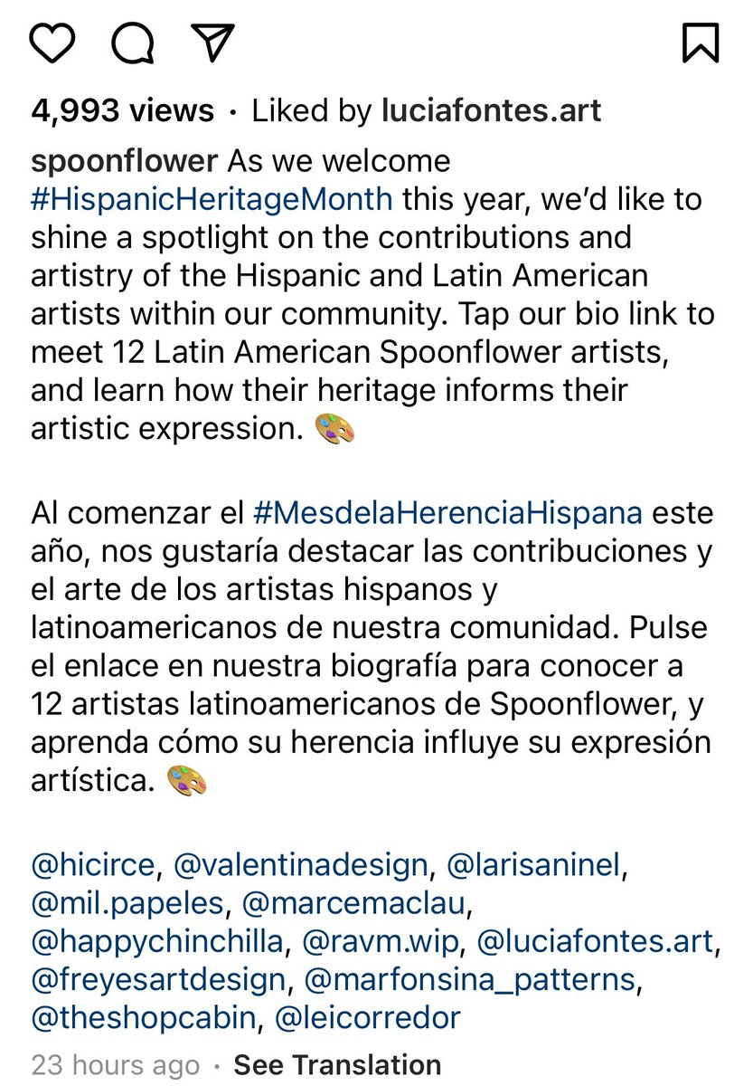 Thank you <a href="/spoonflower/">Spoonflower</a> for featuring my work celebrating the #HispanicHeritageMonth, as a Latin American designer it makes me very proud to be part of this community of talented artist. #latinamericanartist #latinamericandesigner #surfacedesign #salvadoreandesigner