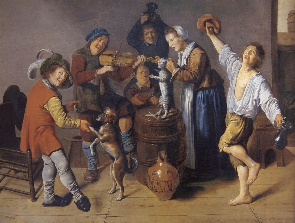 Young people having a riotous time with dancing dog &amp; a light bit of cat torment, 1633. Hope that you too have enjoyed Jan Miense Molenaer's day today, while being kind to your cats!