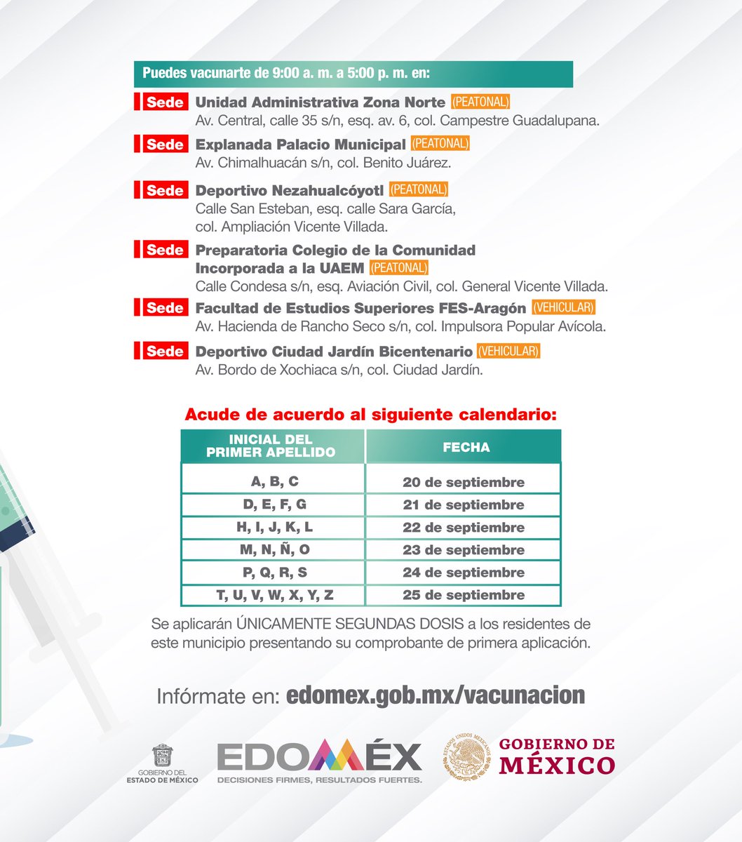 Del 20 al 25 de septiembre estaremos aplicando la segunda dosis a personas de 18 a 29 años en #Nezahualcóyotl. #EstrategiaDeVacunación