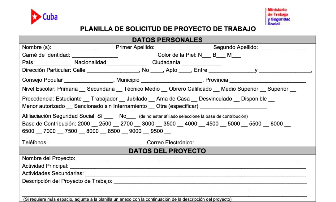 Brote Mira Ocupar MTSS CUBA on Twitter: "Disponible para descarga, desde la página web del  Ministerio, la Planilla de Solicitud de Proyecto de Trabajo Puede obtenerla  desde el siguiente enlace: https://t.co/KZcWgDJVoM @ZamiraMTriana  https://t.co/0Q3vA0SOva" / Twitter