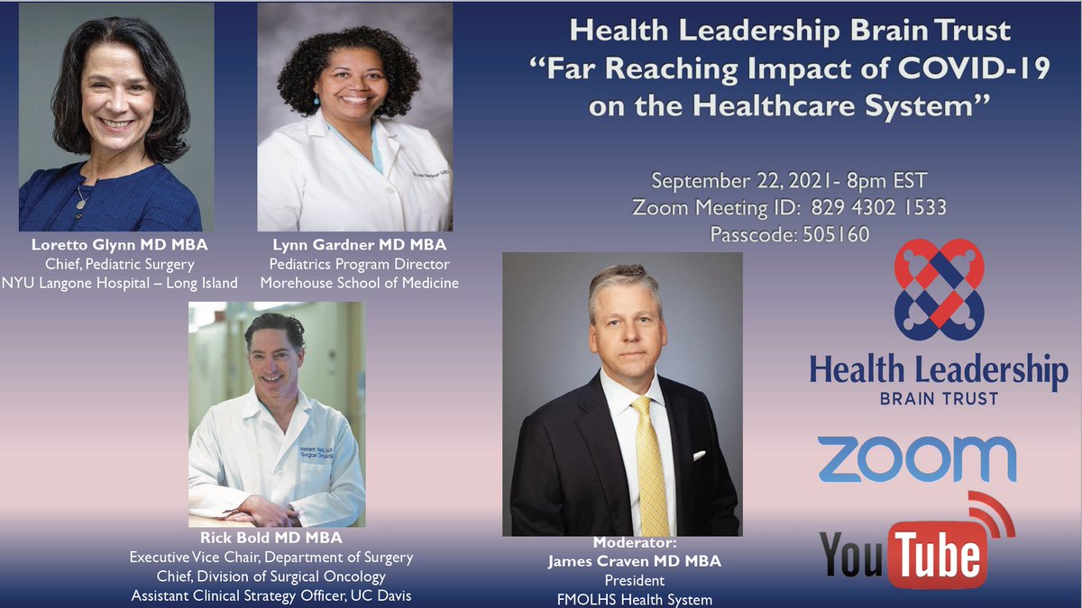 <a href="/HlthBrainTrust/">Health Leadership Brain Trust</a>  Join various physician experts this Wed (9/22/21) at 8 pm for an enlightening panel discussion regarding the far reaching impact of COVID19 on the health care system #healthcare #HealthEquity #healthleadership #braintrust