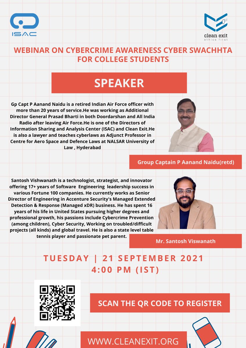 isacfoundation's tweet photo. Webinar on Cybercrime Awareness Cyber Swachhta for College Students
Click here or Scan the QR code to Register : https://t.co/O5DjkXhJvG
#Cybersecurity #cybercrime #Cyberswachhta #College #Students #ISAC #AICTE #CleanExit @AICTE_INDIA https://t.co/kRoXam2ues