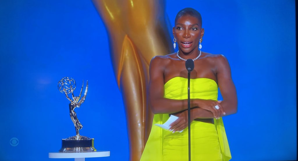 RealJohnJohnKJR's tweet photo. Michaela Coel is the first Black woman ever to win the writing for a limited series Emmy #Emmys https://t.co/Ix3oUlDJfT