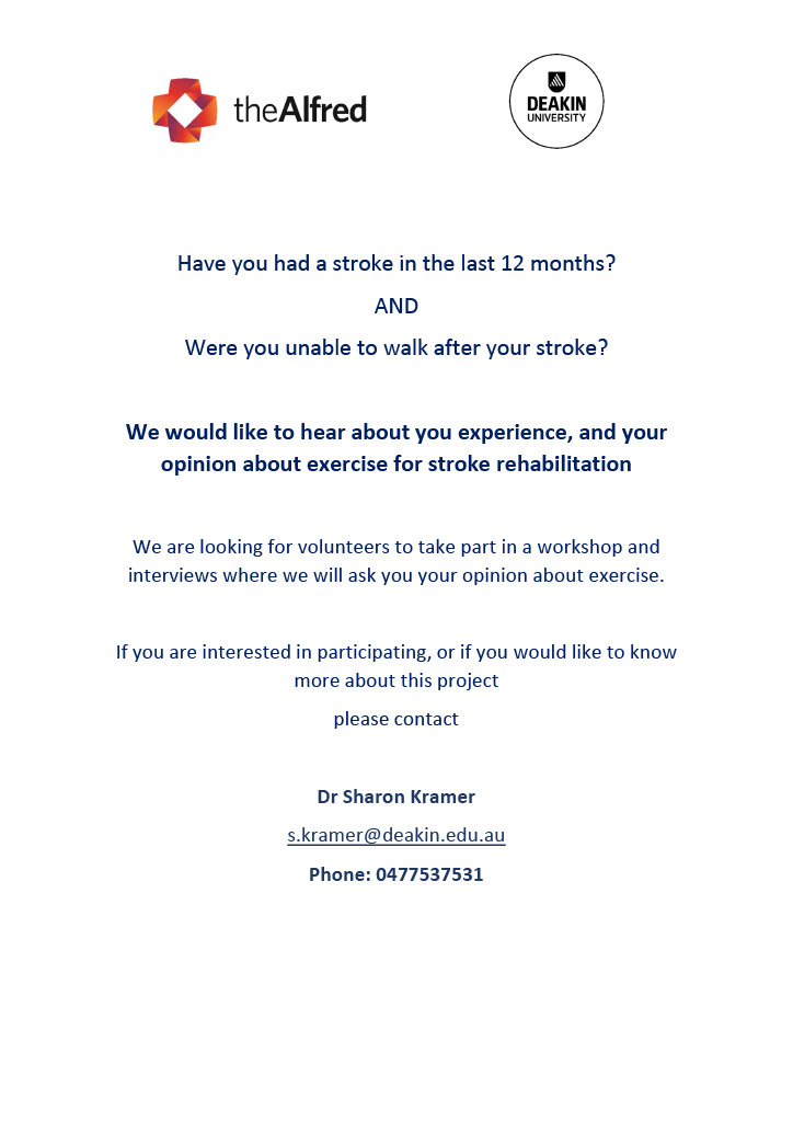 We are looking for stroke survivors to take part in an online workshop and interviews about exercise after stroke. If you had a stroke in the last year and were unable to walk and want to participate, please contact me. <a href="/NatashaLannin/">Dr Natasha Lannin</a> <a href="/IHT_Deakin/">Institute for Health Transformation</a> <a href="/DeakinQPS/">DeakinQPS</a> <a href="/Alfred_Research/">Alfred Research Alliance</a>