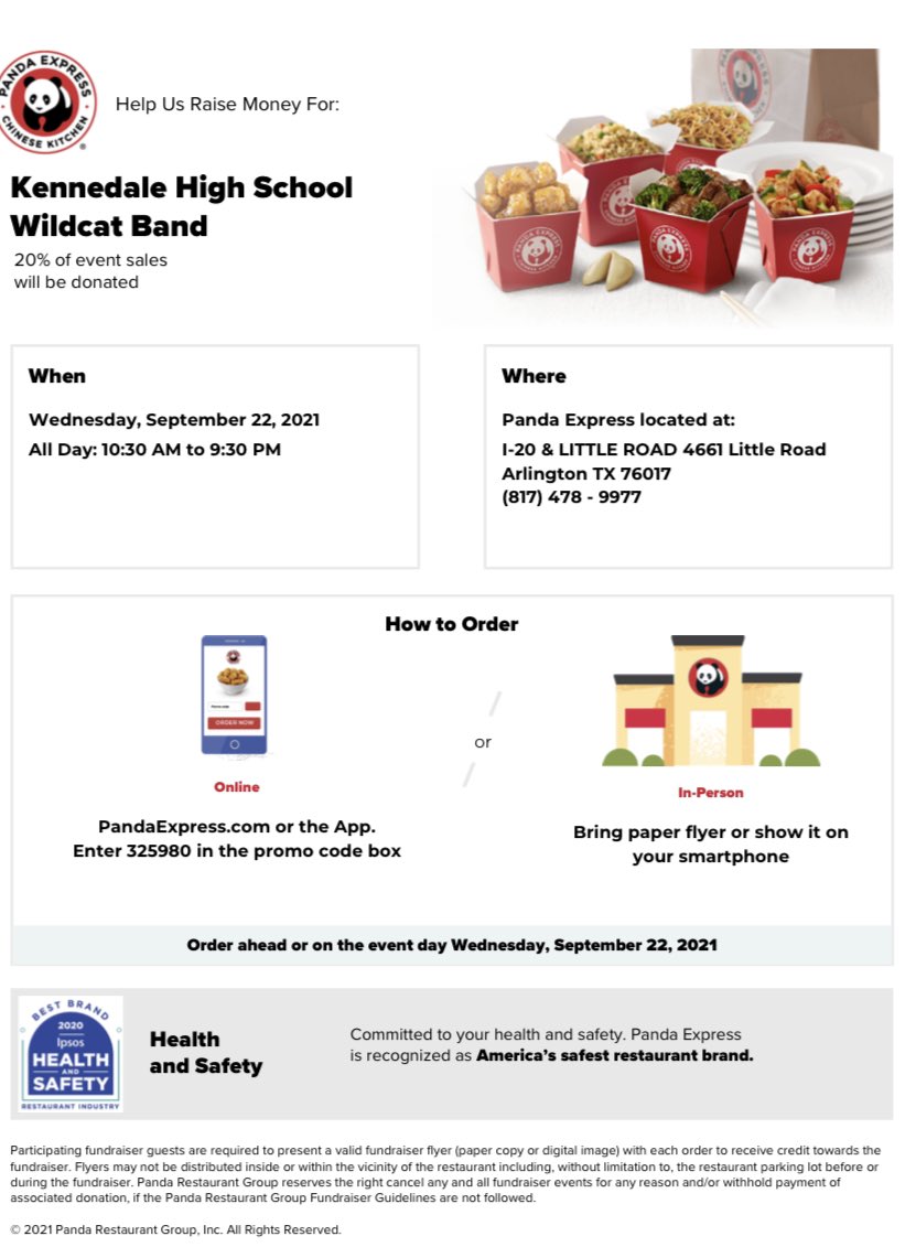 KennedaleBand's tweet photo. This Wednesday September 22nd is our Wildcat Band’s Panda Express Fundraiser Night at the Little Rd location. Please use the attached flyer (show it on your phone or print it out and hand it to the cashier) to help support the Wildcat Band this Wednesday! #PandaExpressDay https://t.co/9sQcn3xcQn