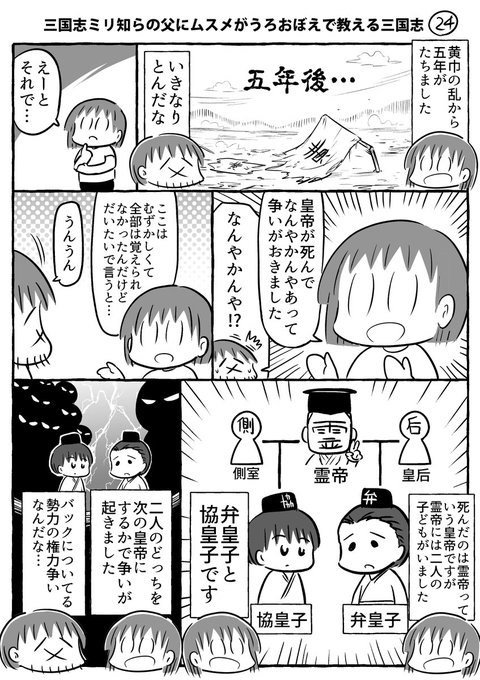 三国志ミリ知らの父にムスメがうろおぼえで教える三国志その24～27です。なんやかんやの回です。
#ムスメ三国志 #漫画

これまでの話をキンドル無料本にしましたので、よろしければぜひ～↓
https://t.co/a2UNCf1K4D 