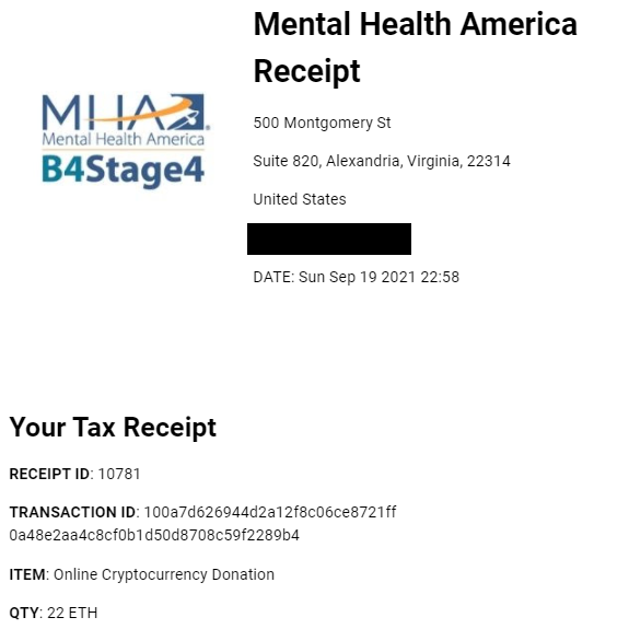 FarmK1ng's tweet photo. We have just made our first donation of 22 $ETH (Roughly $71,000) to the first Mental Health Awareness Charity, chosen by our BlankFace #NFT holders: 

@MentalHealthAm 

The transaction can be viewed here: https://t.co/HvXU377e7U

#GoingBlank https://t.co/TJPLbX5QGg