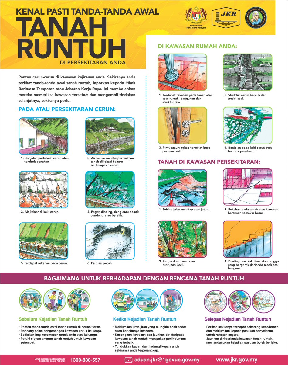 Kenalpasti Tanda-Tanda Awal Tanah Runtuh. Pantau cerun-cerun di kawasan kejiranan anda. Sekiranya anda terlihat tanda-tanda awal tanah runtuh, laporkan kepada Pihak Berkuasa Tempatan atau Jabatan Kerja Raya. 
#CerunYangSelamatMenyelamatkanNyawa