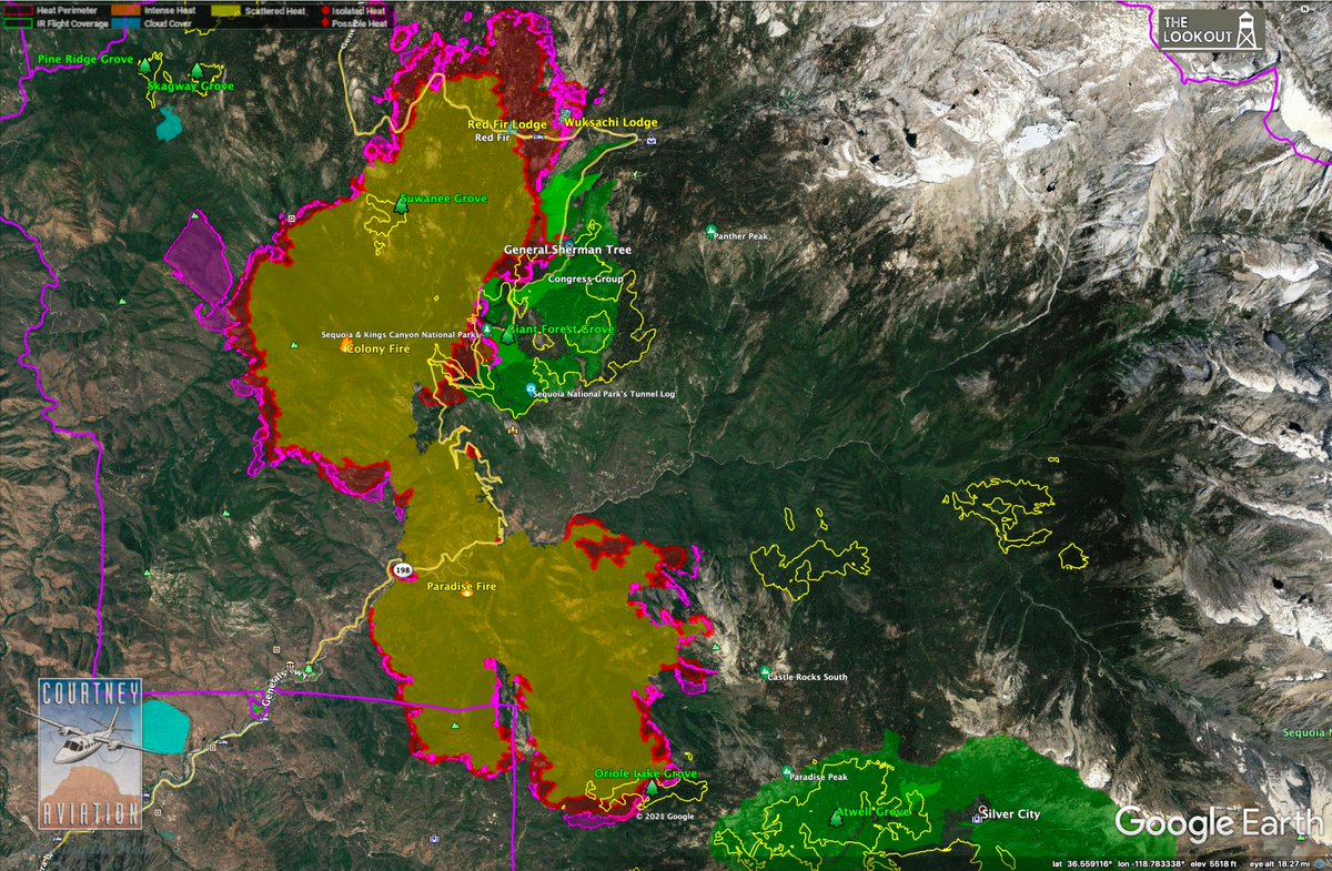 wildland_zko's tweet photo. #KNPComplex - 9/19/2021 Update: Fire showed minimal growth into the Giant Forest Grove today according to IR flight at 5pm. There was steady, but minor, growth on most of the other flanks of the fire. Today's growth shown in purple/pink. https://t.co/OUFoZAWdst