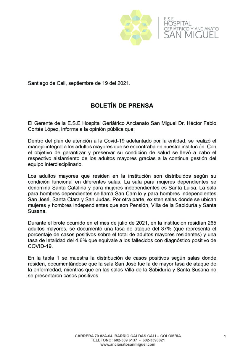 ESESANMIGUEL's tweet photo. El Gerente de la E.S.E Hospital Geriátrico Ancianato San Miguel Dr. Héctor Fabio Cortés López, informa a la opinión pública que:

Dentro del plan de atención a la Covid-19 adelantado por la entidad, se realizó el manejo integral a los adultos mayores. #SalvaguardamosLaVida 💙❤️💚 https://t.co/NfMbxfO2cV