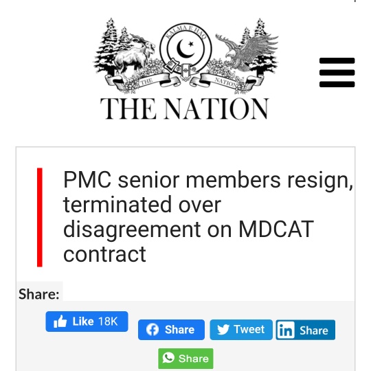 UsmanKhan_TV's tweet photo. PMC Member Examination Dr. Tahir Qazi’s contract has been terminated by the PMC as they all disagreed on awarding MDCAT conducting contract and making payments to Testing and Evaluation Service” TEPS.
#WeRejectPmcMdcatTest2021 https://t.co/EW0SHhDn9p