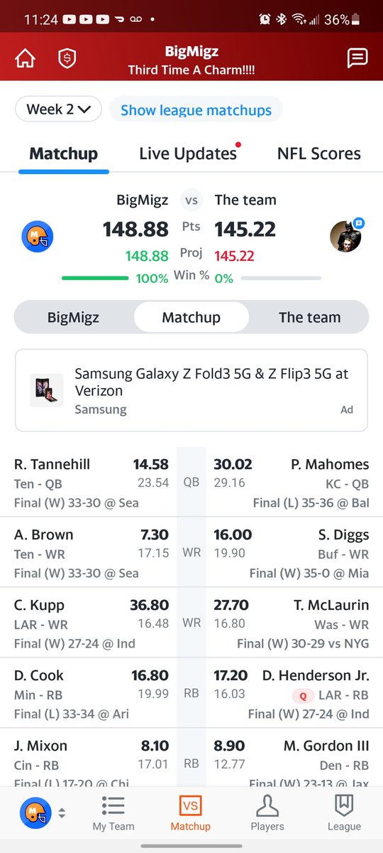 BigMigzGaming's tweet image. Holy shit I won... this shit was a nail biter
#YahooFantasyFootball
