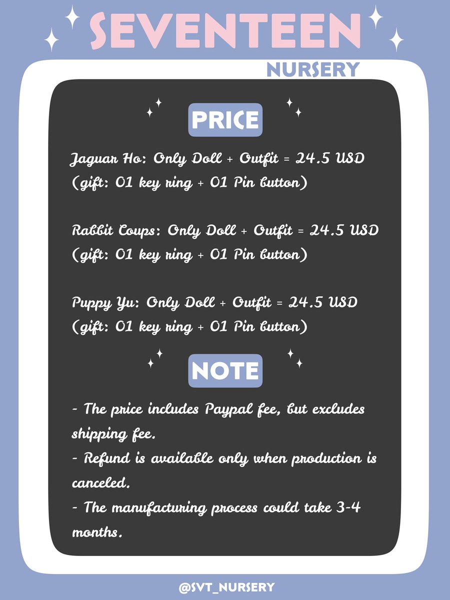 Caecilputri_'s tweet photo. INA GO : #SEVENTEEN NURSERY DOLLS @svt_nursery
โฐ 11 Okt 2021
DETAIL
Boneka 20cm + baju set
๐ Jaguar Ho #hoshi
๐ Rabbit Coups #scoups
๐ Puppy Yu #mingyu
๐ keyring + pin button
๐ฐ IDR 385K / ver
โ shipping + tax
#bonekaSeventeen #bonekaHoshi #bonekaScoups #bonekaMingyu https://t.co/UlWdnV13cl
