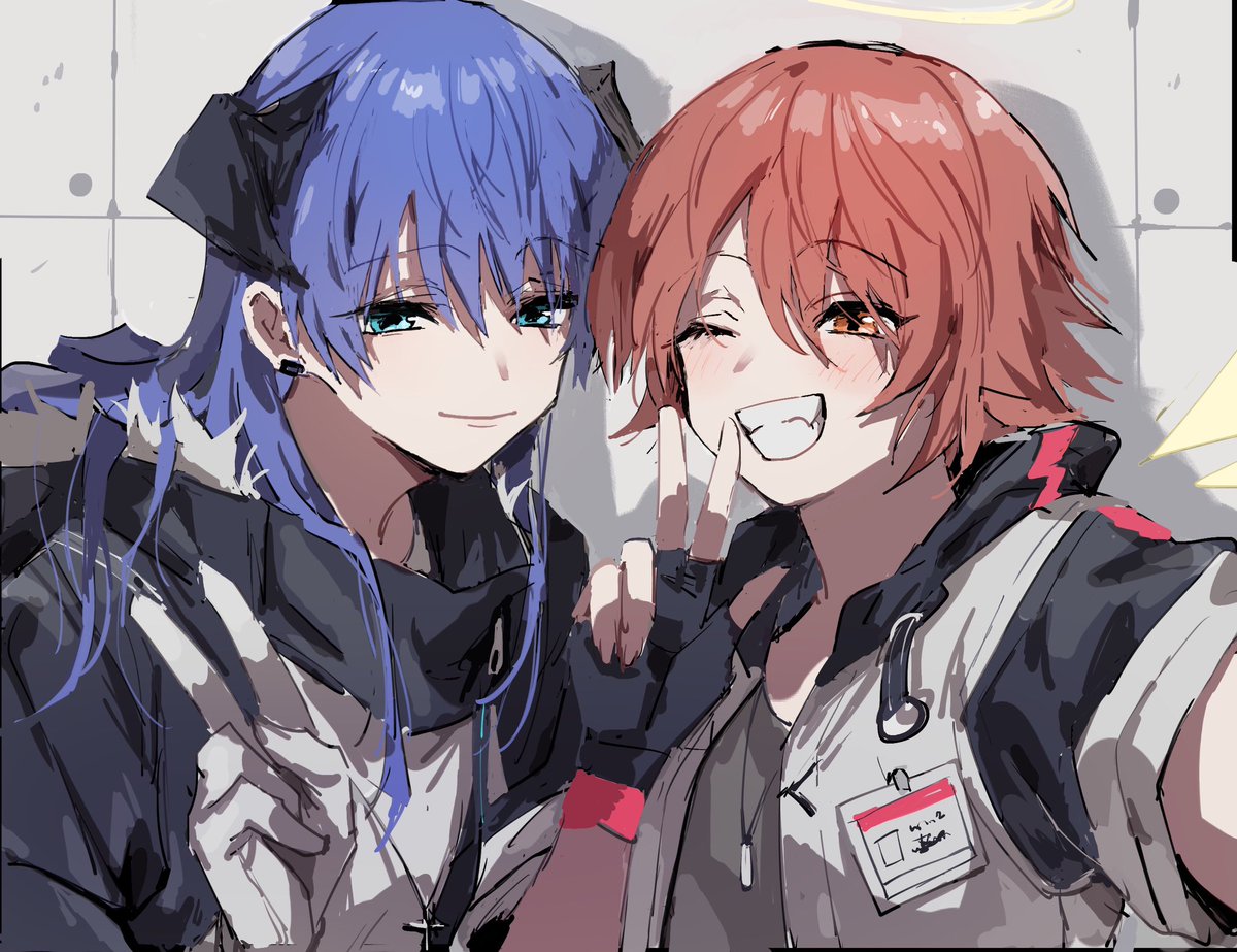 exusiai (arknights) ,mostima (arknights) multiple girls 2girls smile gloves v blue hair selfie  illustration images