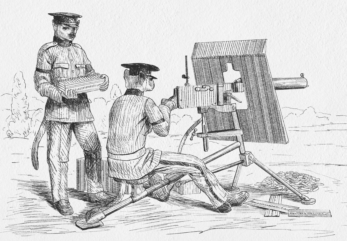 Illustration of two Endrish soldiers manning a Visscher Machine-Gun, circa 1405. 