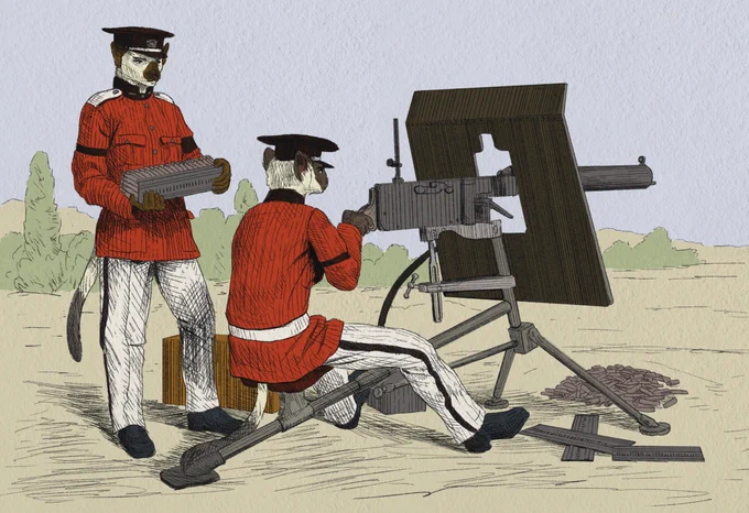 Illustration of two Endrish soldiers manning a Visscher Machine-Gun, circa 1405. 