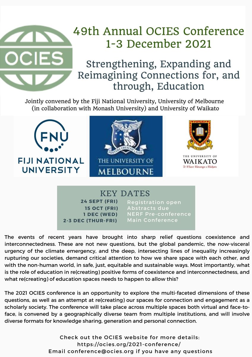 mellisa_chin's tweet photo. Check out information on the 49th Annual OCIES Conference, which will run from 1-3 December 2021! Come along and join us in person at the Tauranga Campus of University of @waikato. Submit your abstract here: https://t.co/7KKKjqepEg https://t.co/wGAEXot2RZ