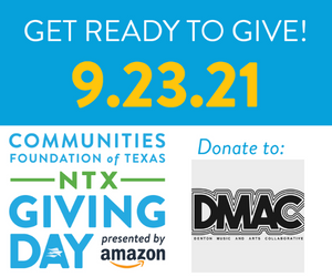 Mark your calendars for THIS THURSDAY 9.23 for #NTxGivingDay! You can help support local #Denton artists and musicians by donating to DMAC. Early donations also possible here: northtexasgivingday.org/denton-music-a…