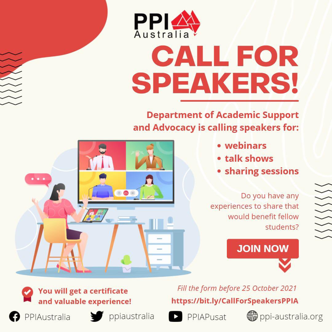Hi everyone! 🤩 

We are calling for speakers for our upcoming webinars, talkshows, and sharing sessions!

Interested? Fill the form below before 25/10/2021
bit.ly/CallForSpeaker…

If you have any enquiries, do not hesitate to email us at academic.support@ppi-australia.org