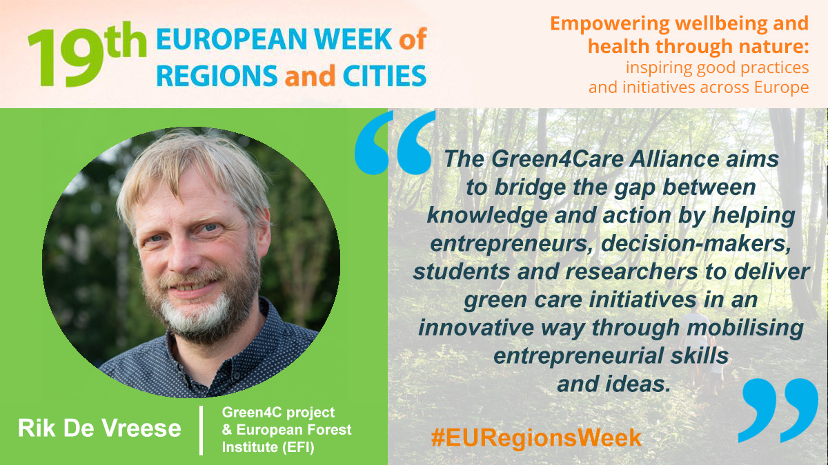 📢 Meet our guest speakers for the #EURegionsWeek online session "Empowering wellbeing and health through nature" on 12 October! Rik De Vreese <a href="/rdvreese/">Rik De Vreese</a> will present the #Green4C Alliance: a platform to boost global green care initiatives. Register now! 👇medforest.net/2021/09/08/emp…