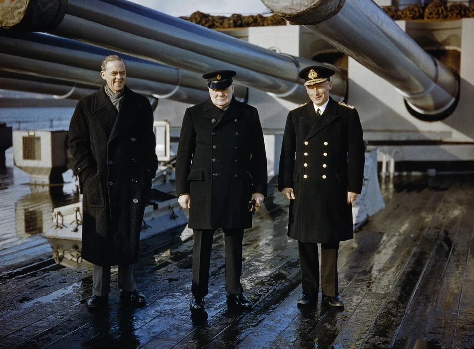 Historybench's tweet image. Prime Minister Winston Churchill with Sir Stafford Cripps and Admiral Sir John Tovey, on the quarterdeck of HMS King George V at Scapa Flow, 11 October 1942