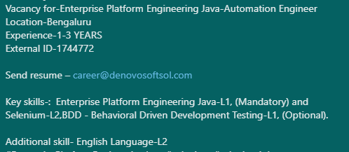 denovosoftsol's tweet image. Vacancy for-Enterprise Platform Engineering Java-Automation Engineer
Location-Bengaluru
Experience-1-3 YEARS
External ID-1744772

Send resume – career@denovosoftsol.com

#EnterprisePlatformEngineeringJava #selenium #seleniumjobs #EnterprisePlatformEngineeringJava #developer