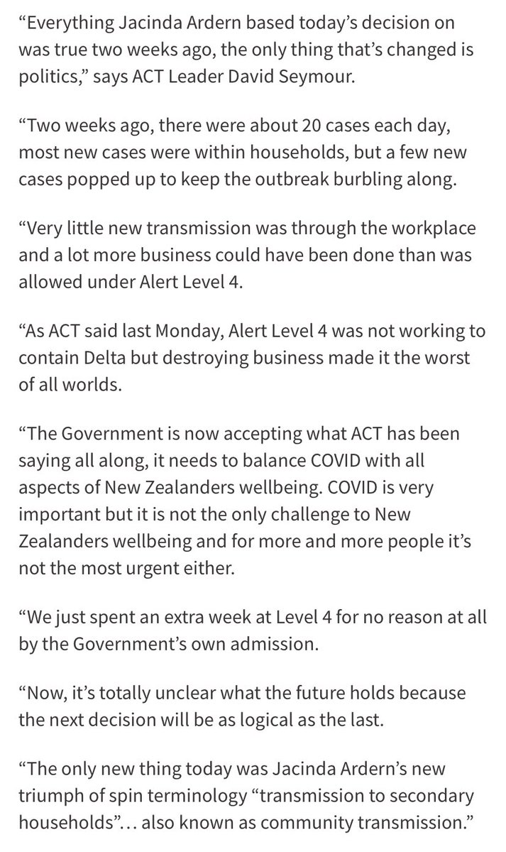dbseymour's tweet image. Everything Jacinda Ardern based today’s decision on was true 2 weeks ago. The only thing that’s changed is politics. Auckland just spent an extra week at Level 4 for no reason, by the Government’s own admission.