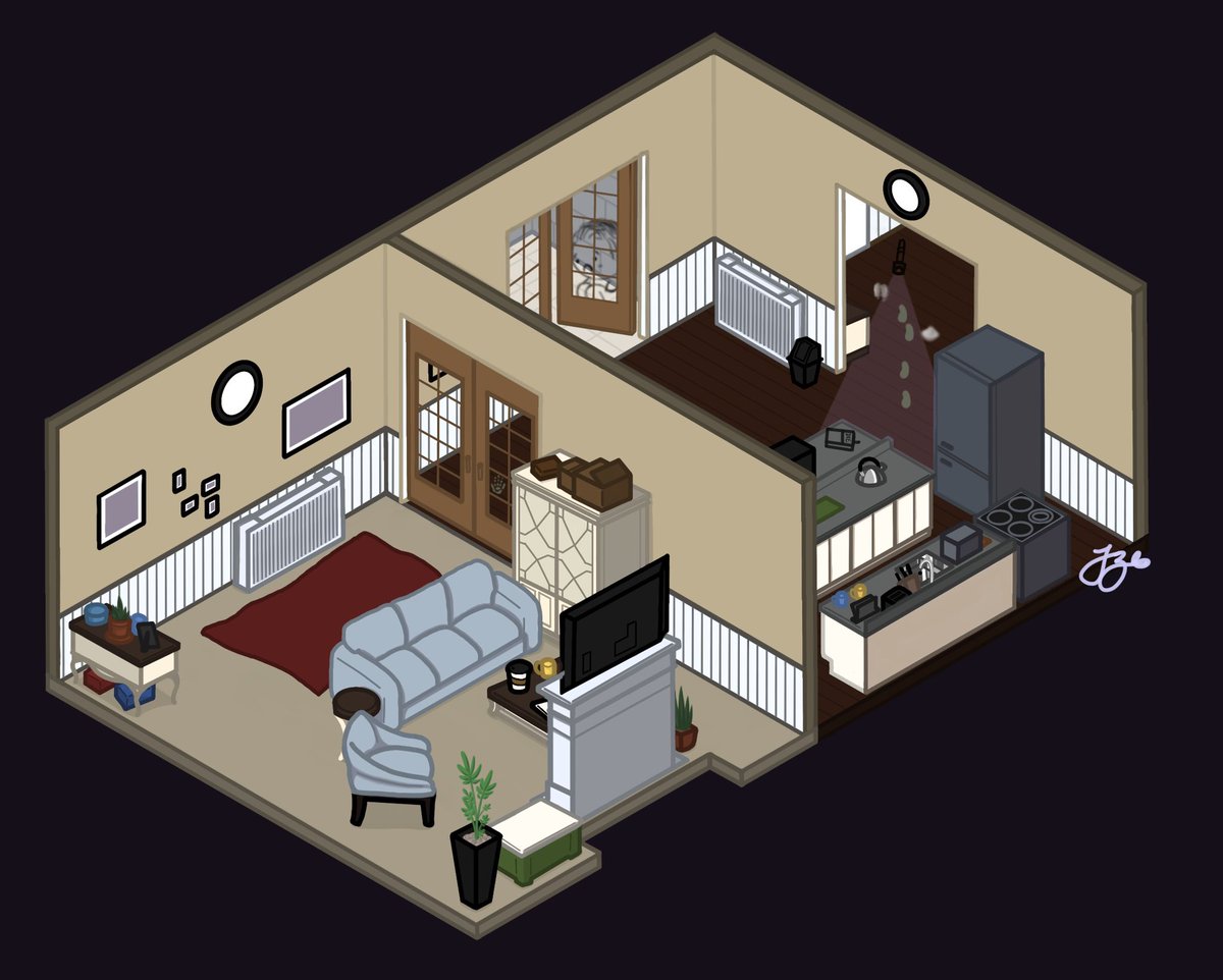 lovelyjzb's tweet photo. Here’s a thing I drew a hot minute ago, but never finished cause lost motivation. Had plans animate it a little so that it’ll look like a ghost is hunting, which is why little @InsymTtv is hiding
#Phasmophobia #willowstreet #fanart #digitalart #isometric https://t.co/oF2aGG0UwK