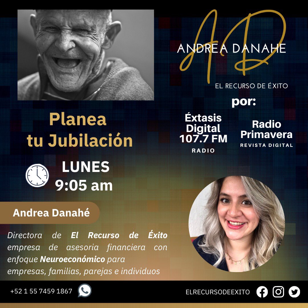 SuccessTsr's tweet image. Planea tú jubilación es el tema de hoy Lunes a las 9:05am por Extasis Digital Cuernavaca 107.7 FM y Radio Primavera planear tu futuro es fundamental para vivir una vejez digna y sin preocupaciones, es cuestión de aportar desde hoy una parte de tus ingresos para estar tranquilo.