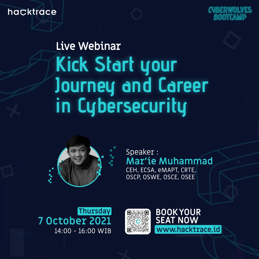 Hacktrace_id's tweet photo. [Upcoming #Hacktrace Live Webinar]

Kick Start your Journey and Career in #Cybersecurity .

This webinar is Free! Book your seat now on https://t.co/XVDjXo8GSC #CybersecurityCareer https://t.co/gSzVzIqCau