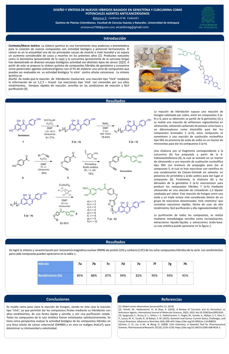 EmmanuelB2307's tweet photo. Greetins to all the @LatinXChem community, I'm glad to show my work " Diseño y síntesis de nuevos híbridos basados en genisteína y curcumina como potenciales agentes anticancerígenos" #LatinXChem #LXChemOrg #OC015 #cancer #synthesis #chemistry #naturalproducts #medicinalchemistry https://t.co/hweY17652f