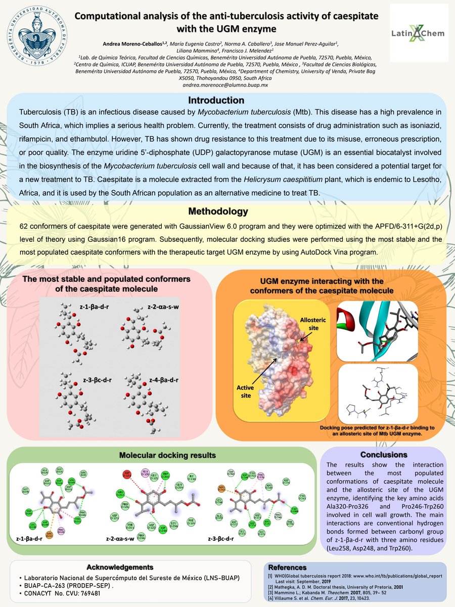Hey @LatinXChem community! This is my work 'Computational analysis of the anti-tuberculosis activity of caespitate with the UGM enzyme' #LatinXChem #LXChemComp #Comp018 #DFT #Tuberculosis #MolecularDocking #Africa 
Please let me know if you have any questions.