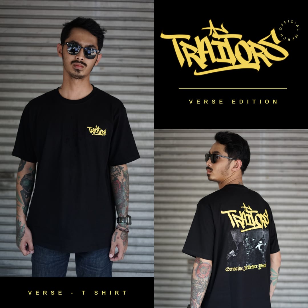 traitors_hc's tweet image. Official tees of traitors : &quot;VERSE&quot; edition open PRE-ORDER (PO) for 24 pcs,only 130K (belom termasuk ongkir). 
Every purchase will support funding our upcoming full- length album 🤘🔥😎