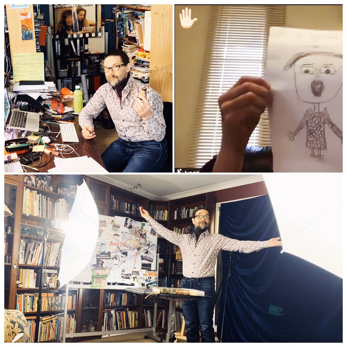 Today I did a school holiday presentation for Whitehorse Manningham Regional Libraries in which I gave the kids a virtual tour of my VERY cluttered workspace and the family library. One of the kids drew a picture of me during the session and shared it at the end. Good likeness???