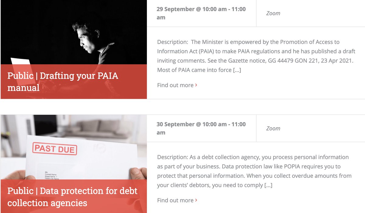 We have two important public webinars that we know you should be attending; Drafting your #PAIA manual and, #Dataprotection for debt collection agencies. 

If you haven't yet registered, you can do so here michalsons.com/events and, it's free of charge 😉 #michalsons #webinars
