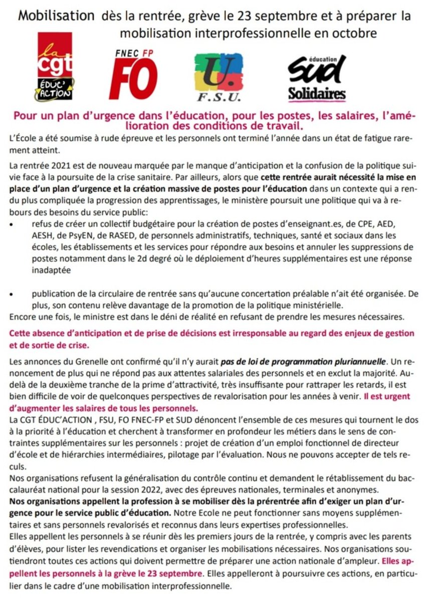 📢 Un plan d'urgence pour l'Éducation et des créations de postes, voilà ce que nous demanderons prioritairement pendant la journée de #greve23septembre. 
Préparons cette journée dans nos bahuts et soyons au rdv ✊🏾
<a href="/cgt_educ/">CGT-Éduc'action</a> <a href="/SNFOLC_national/">SNFOLC national</a> <a href="/FsuNationale/">FSU</a> <a href="/SUD_education/">SUD éducation</a>