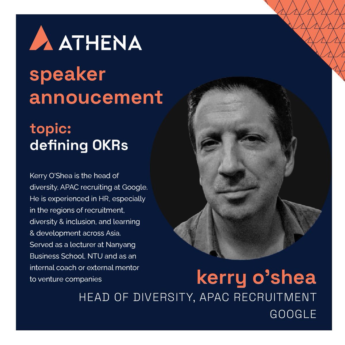 #SpeakersatAthena

Kerry O'Shea is the head of diversity, APAC recruiting at Google. He is experienced in HR, especially in the regions of recruitment, diversity &amp; inclusion, and learning &amp; development across Asia. 

#AnthillAthena #AnthillVentures #ScaleWithSpeed