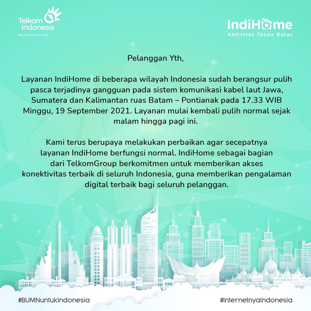 IndiHomeCare's tweet image. Pelanggan Yth, 

Layanan IndiHome sudah berangsur pulih. Saat ini kami berupaya secepatnya melakukan perbaikan layanan IndiHome agar dapat berfungsi normal.