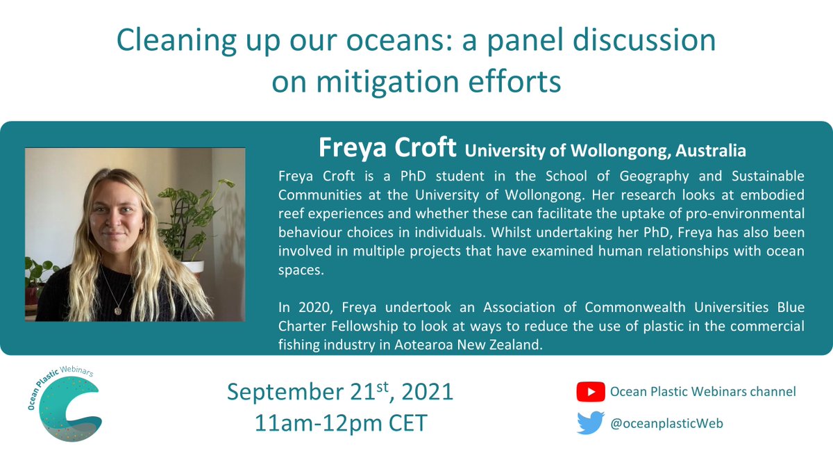 Meet our speakers for the upcoming panel discussion on  plastic pollution mitigation efforts. 

Introducing <a href="/freyacroft/">Freya Croft</a> from the University of Wollongong, Australia. She will be speaking about ways to reduce plastic use in the fisheries industry. (1/3)