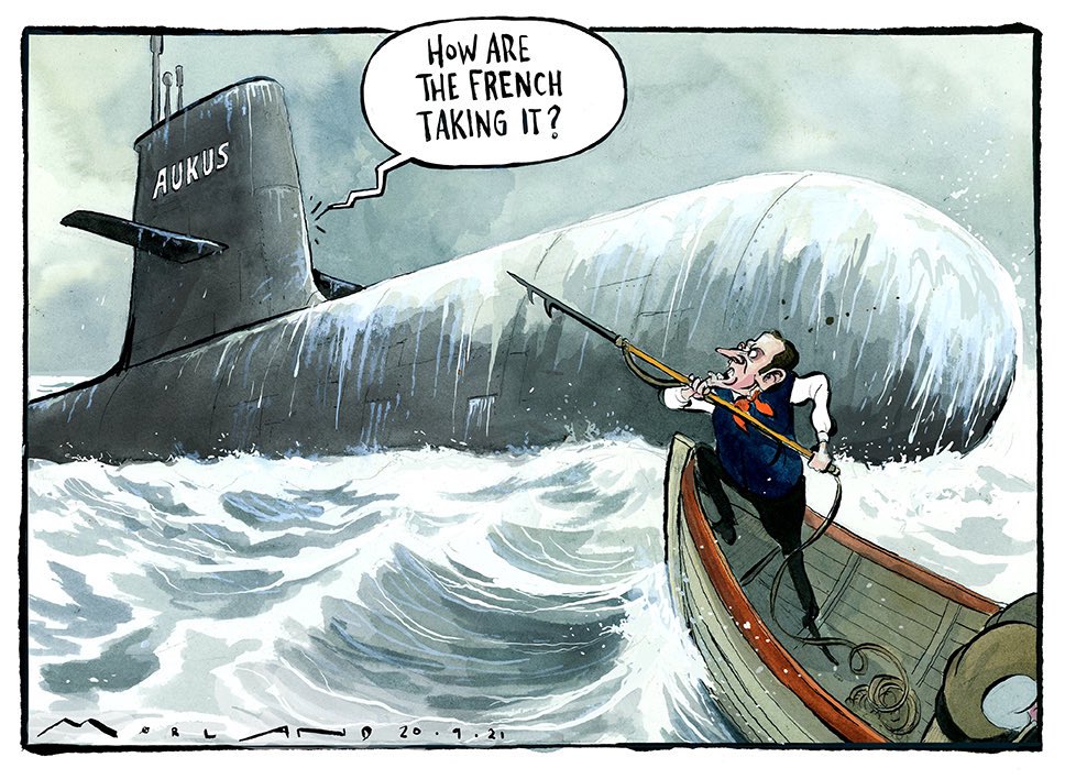 Morten Morland on the #Aukus military pact #Australia #EmanuelMacron  #NuclearSubmarines #NuclearProliferation #ColdWar #China - political cartoon gallery in London original-political-cartoon.com