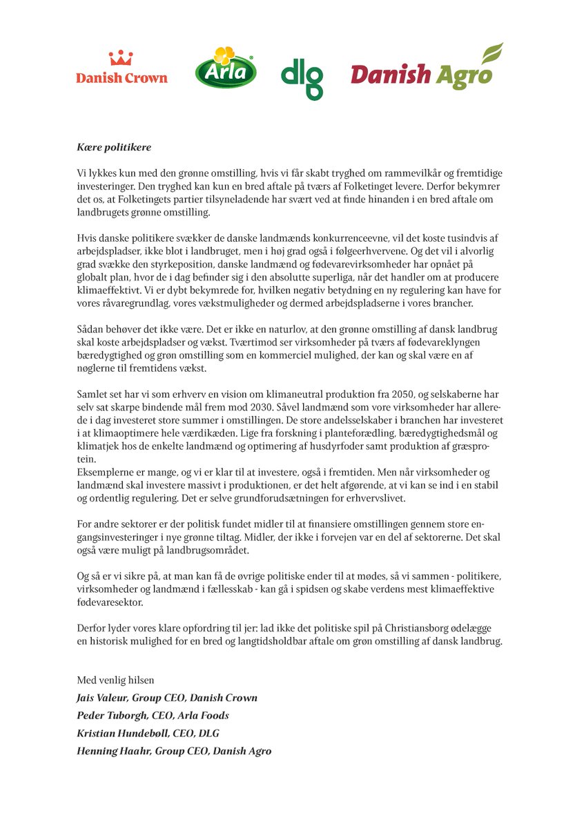 spisekammeret's tweet image. Klar opfordring fra @Arla_Foods, @danishcrown, @DLGDK og Danish Agro i åbent brev til politikerne. Lav en bred landbrugsaftale med de nødvendige midler til grønne engangsinvesteringer💪 Ellers taber vi jobs og svækker fødevareklyngen #dkpol #dkbiz #dkgreen #landbrug