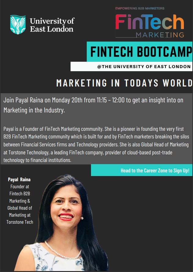 FinTech B2B Marketing (FinTech Marketing) (@fintechb2b) on Twitter photo We're excited that our Founder <a href="/Praina5/">Payal Raina</a> would join
@royal Docks School of Business and Law @UEL <a href="/SBL_UEL/">Royal Docks School of Business and Law at UEL</a> FinTech Bootcamp today at 11:15 am (BST), where she would share her brilliant insights about #FinTechMarketing to aspiring students. #fintech #marketingcareers We're excited that our Founder <a href="/Praina5/">Payal Raina</a> would join
@royal Docks School of Business and Law @UEL <a href="/SBL_UEL/">Royal Docks School of Business and Law at UEL</a> FinTech Bootcamp today at 11:15 am (BST), where she would share her brilliant insights about #FinTechMarketing to aspiring students. #fintech #marketingcareers