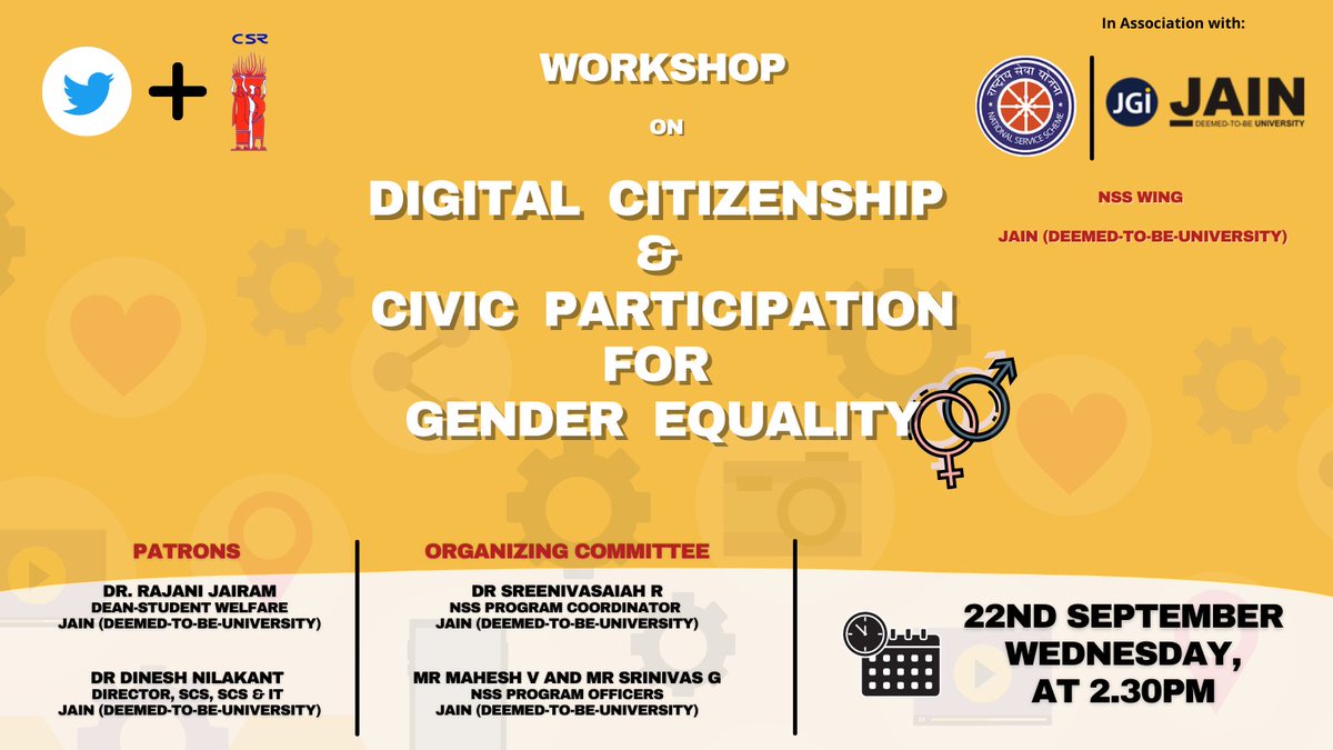 CSR_India's tweet photo. #CSR_India is organizing an online workshop on - #DigitalCitizenship &amp; #CivicParticipation for #GenderEquality in association with @KarnatakaNss @JainDeemedtbUnv.

🗓️Wednesday - 22nd Sep, 2:30pm

@TwitterIndia @TwitterForGood https://t.co/Yl0IKlaAHw