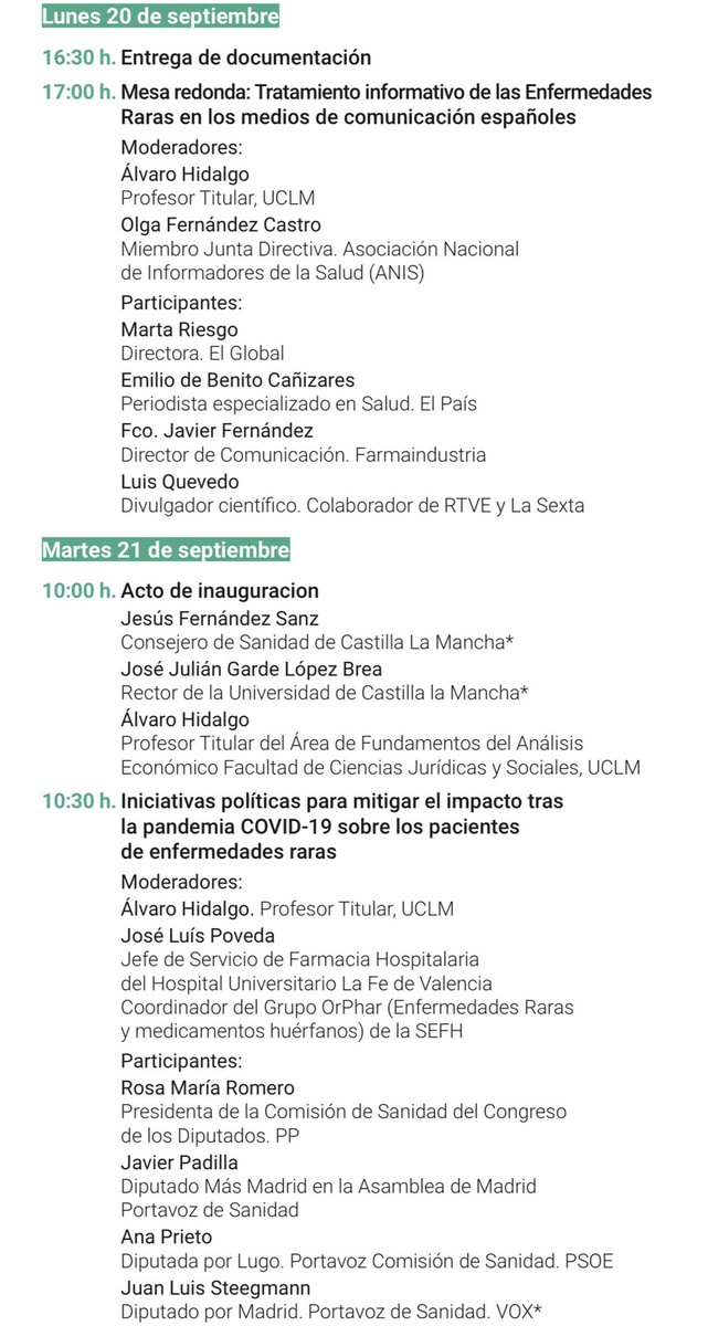 Empezamos con fuerza  el curso <a href="/uclm_es/">Universidad de Castilla-La Mancha</a> eventos.uclm.es/64404/detail/l… “ Tratamiento informativo de las Enfermedades raras en los medios de comunicación españoles” <a href="/MartaRiesgo/">Marta Riesgo</a> <a href="/ElGlobalEs/">El GlobalFarma</a> <a href="/OlgaFCastro/">OFC</a> <a href="/anisalud/">ANIS</a> <a href="/emiliodebenito/">Emilio de Benito</a> <a href="/el_pais/">EL PAÍS</a> <a href="/Fjffernandez/">Fco. J. Fernández</a> <a href="/Farmaindustria/">Farmaindustria</a> <a href="/luis_quevedo/">Luis Quevedo</a> <a href="/rtve/">RTVE</a>