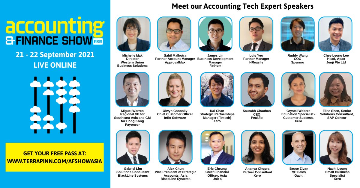 accandfinshow's tweet photo. What specific aspects of #accounting and #finance can be transformed through tech and how can we do so? Our strong speaker line-up at #AFShowAsia are ready to answer these questions tomorrow and Wednesday!

Get your free virtual pass now: https://t.co/CLWRlkcxpa https://t.co/kGst6tRsyL